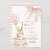Pink Bow Gingham Bunny Girl Birthday Invitation Kaart (Voorkant / Achterkant)