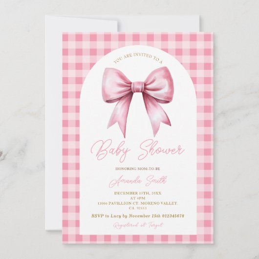 Pink Bow Gingham Coquette Girl Arch Baby shower Kaart (Voorkant)