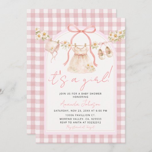 Pink Bow Gingham Daisy Clothesline I Kaart (Voorkant / Achterkant)