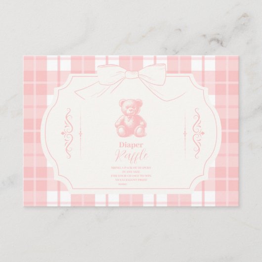Pink Bow Gingham Franse Teddy Diapper Raffle Informatiekaartje (Voorkant)