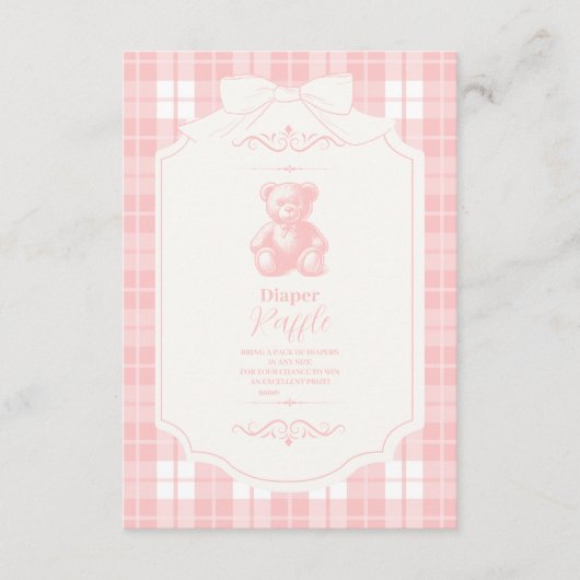 Pink Bow Gingham Franse Teddy Diapper Raffle Informatiekaartje (Voorkant)