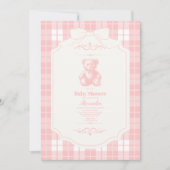 Pink Bow Gingham French Teddy Bear Baby shower Kaart (Voorkant)