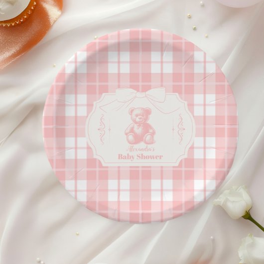 Pink Bow Gingham French Teddy Bear Baby shower Papieren Bordje