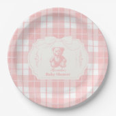 Pink Bow Gingham French Teddy Bear Baby shower Papieren Bordje (Voorkant)
