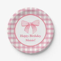 Pink Bow Gingham Paper Plate 