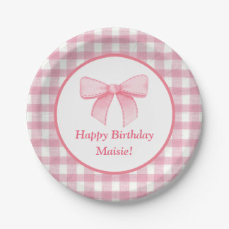 Pink Bow Gingham Paper Plate  Papieren Bordje