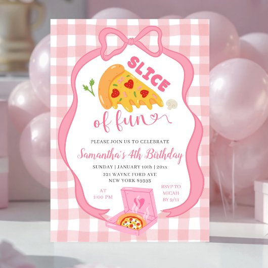 Pink Bow Gingham Slice of Fun pizza birthday  Kaart