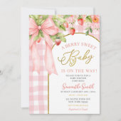 Pink Bow Gingham Strawberry Baby Shower Kaart (Voorkant)