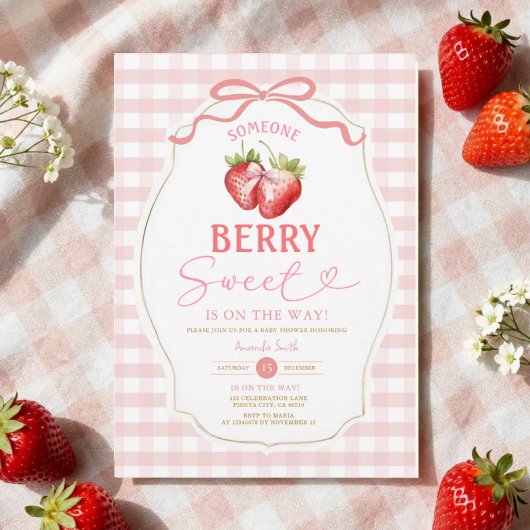 Pink Bow Gingham Strawberry Baby shower Kaart