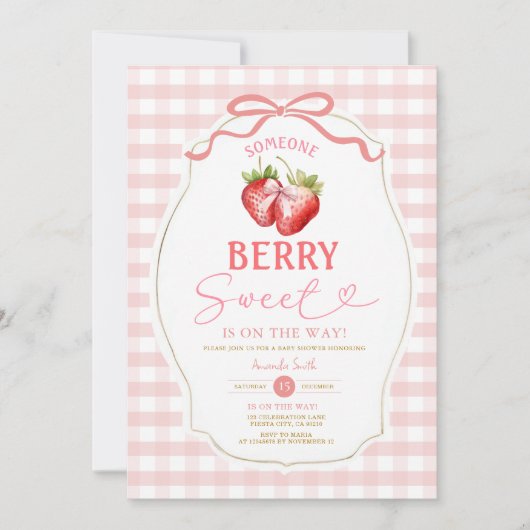 Pink Bow Gingham Strawberry Baby shower Kaart (Voorkant)