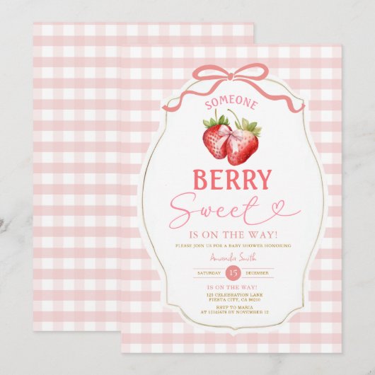 Pink Bow Gingham Strawberry Baby shower Kaart (Voorkant / Achterkant)