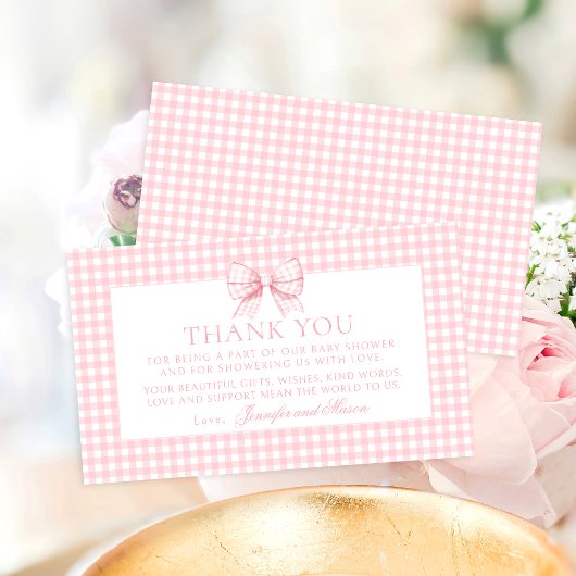 Pink Bow Gingham Sweet Baby Girl Douche Dank u Informatiekaartje