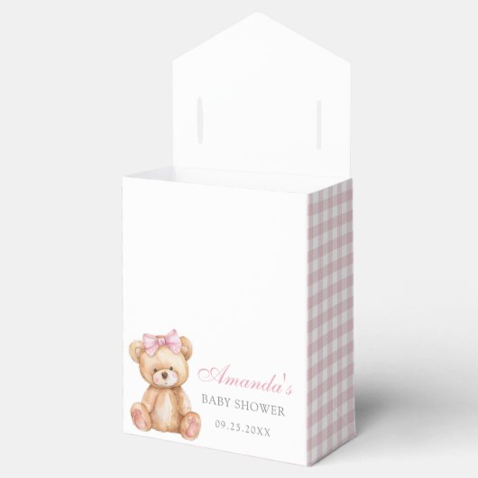 Pink Bow Gingham Teddy Bear Baby shower Bedankdoosjes (Geopend)