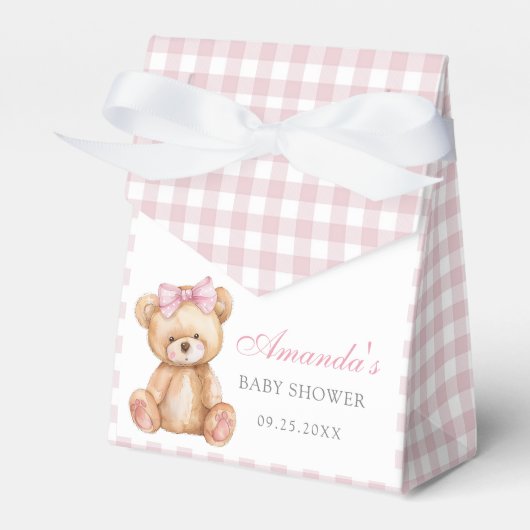 Pink Bow Gingham Teddy Bear Baby shower Bedankdoosjes (Voorkant Zijde)