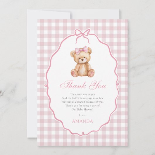 Pink Bow Gingham Teddy Bear Baby shower Bedankkaart (Voorkant)