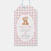 Pink Bow Gingham Teddy Bear Baby shower Cadeaulabel (Voorkant)