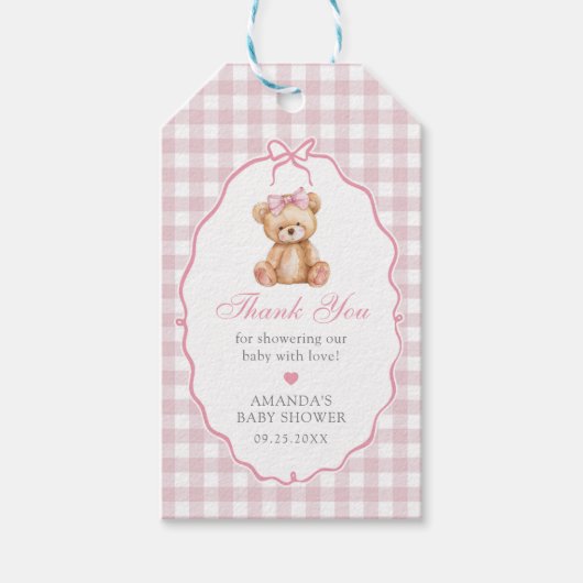 Pink Bow Gingham Teddy Bear Baby shower Cadeaulabel (Voorkant)