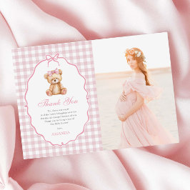Pink Bow Gingham Teddy Bear Baby shower Foto Bedankkaart