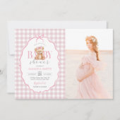 Pink Bow Gingham Teddy Bear Baby shower Foto Kaart (Voorkant)