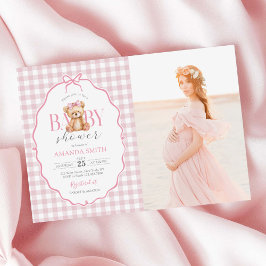 Pink Bow Gingham Teddy Bear Baby shower Foto Kaart