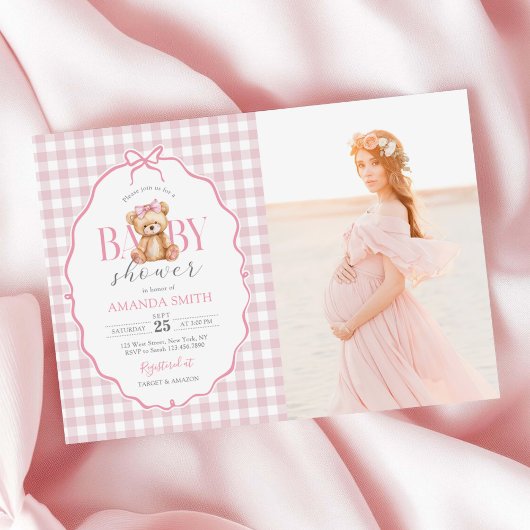 Pink Bow Gingham Teddy Bear Baby shower Foto Kaart