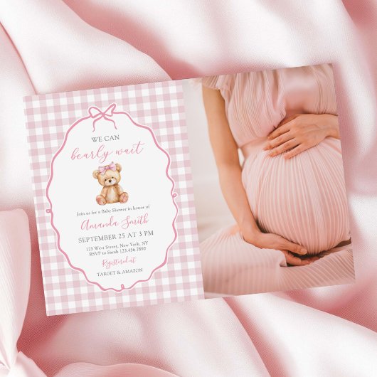 Pink Bow Gingham Teddy Bear Baby shower Foto Kaart