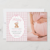 Pink Bow Gingham Teddy Bear Baby shower Foto Kaart (Voorkant)