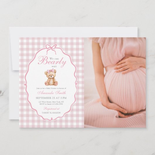 Pink Bow Gingham Teddy Bear Baby shower Foto Kaart (Voorkant)