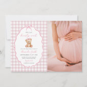 Pink Bow Gingham Teddy Bear Baby shower Foto Kaart (Voorkant)