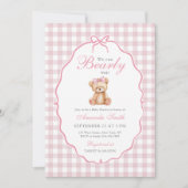Pink Bow Gingham Teddy Bear Baby shower Kaart (Voorkant)
