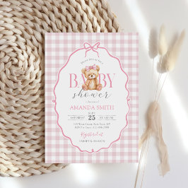 Pink Bow Gingham Teddy Bear Baby shower Kaart
