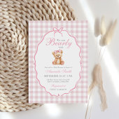 Pink Bow Gingham Teddy Bear Baby shower Kaart