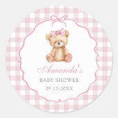 Pink Bow Gingham Teddy Bear Baby shower Ronde Sticker (Voorkant)