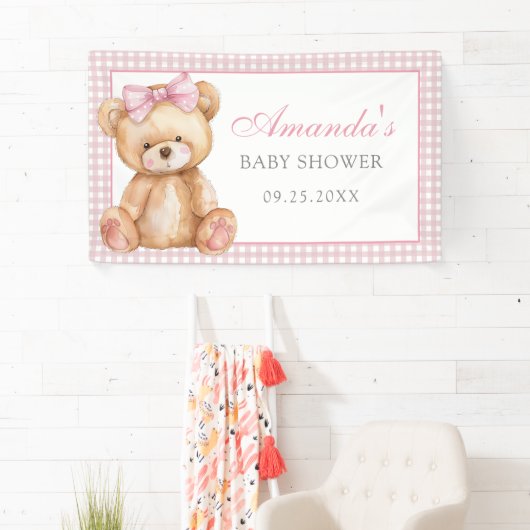 Pink Bow Gingham Teddy Bear Baby shower Spandoek (Insitu)