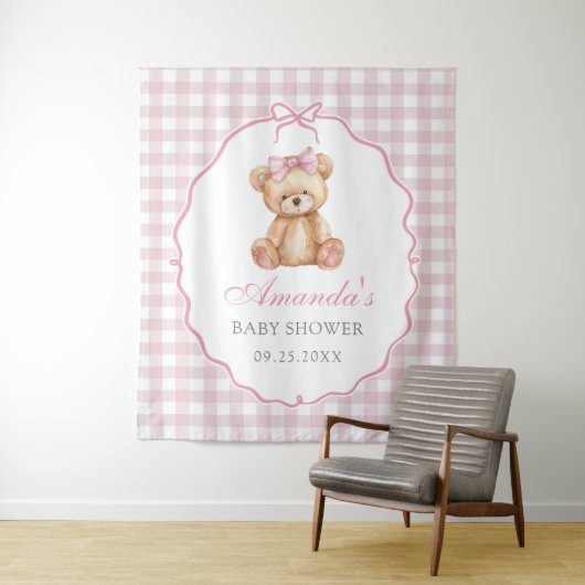 Pink Bow Gingham Teddy Bear Baby shower Wandkleed (In situ)