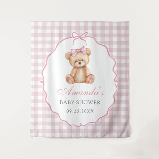 Pink Bow Gingham Teddy Bear Baby shower Wandkleed (Voorkant)