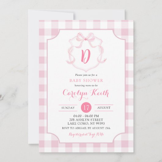 Pink Bow Gingham Waterverf Crest Baby shower Kaart (Voorkant)