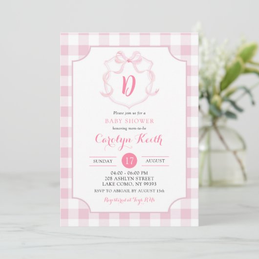Pink Bow Gingham Waterverf Crest Baby shower Kaart (Staand voorkant)