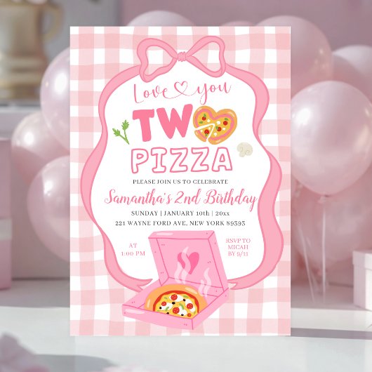 Pink Bow GinghamLove you TWO pizza birthday Kaart