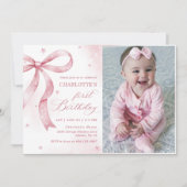 Pink Bow Girl 1st Birthday Party Foto Kaart (Voorkant)