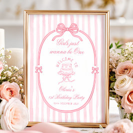 Pink Bow Girl 1st Birthday Welcome Poster