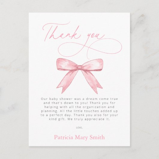 Pink Bow Girl Baby shower Bedankt Briefkaart (Voorkant)