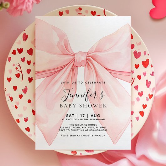 Pink Bow Girl Baby Shower Invitation Kaart