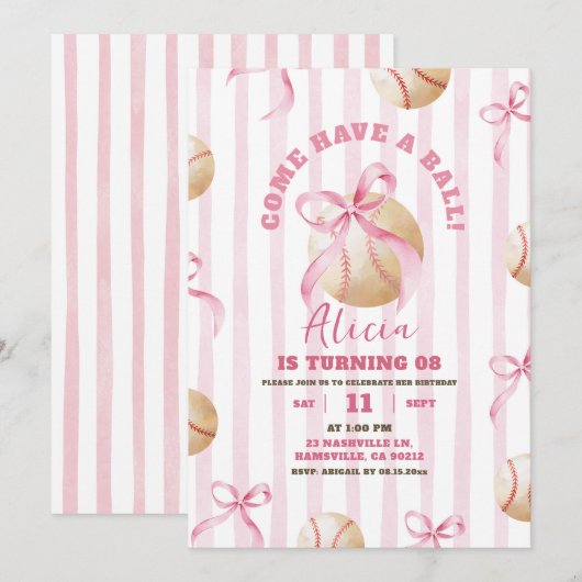 Pink Bow Girl Baseball Game Tijd Verjaardag Kaart (Voorkant / Achterkant)