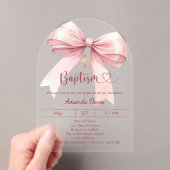 Pink bow girl elegant clear luxury arch Baptism Acryl Uitnodigingen (Insitu (Draagbaar))