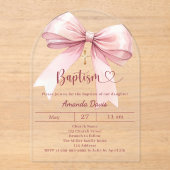 Pink bow girl elegant clear luxury arch Baptism Acryl Uitnodigingen (Voorkant)