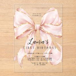 Pink Bow Girl First Birthday Acryl Uitnodigingen