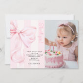 Pink Bow Girl First Birthday Flat Thank You Card Bedankkaart (Voorkant)