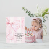 Pink Bow Girl First Birthday Flat Thank You Card Bedankkaart (Staand voorkant)