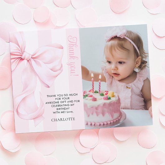Pink Bow Girl First Birthday Flat Thank You Card Bedankkaart